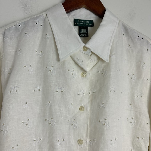 Lauren Ralph Lauren Linen Button Up Shirt Womens 2X Lace Eyelet Beachy New - Picture 3 of 8